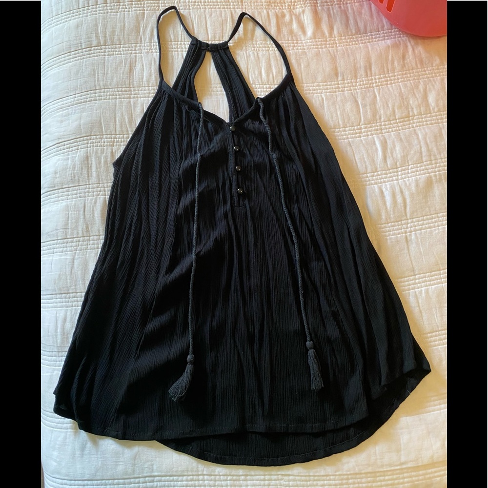 NWOT black tank top with fringe ties and buttons